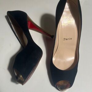 Christian Louboutin Black and Gold Peep-Toe Heels